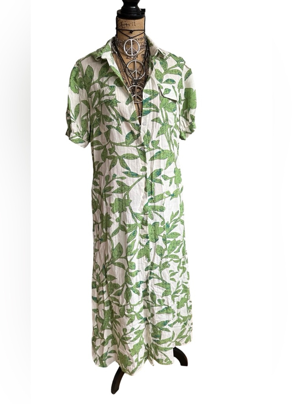 LOVE & HARMONY - Green Leaf Print Maxi Shirt Dress - SIZE M - MED - MEDIUM